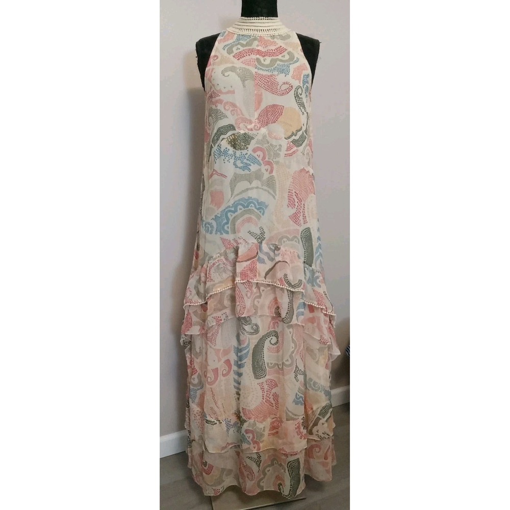 anthropologie Ivory Crochet Neck‎ Pink Multicolor Geometric Tiered Maxi Dress S